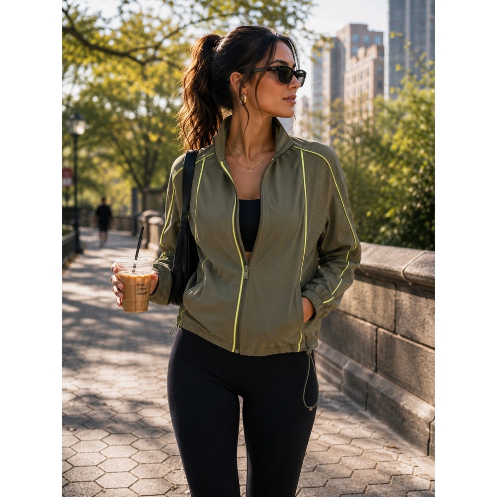VSX Victoria Secret Sport Jacket Olive Green Neon Piping Full Zip Womens XS